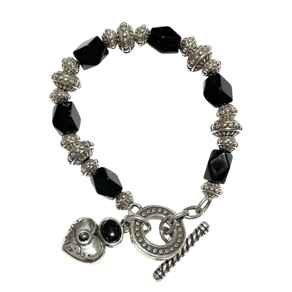 Brighton Toggle Bracelet Silver Plated Black Faceted Glass Bead Heart Love 7.5"